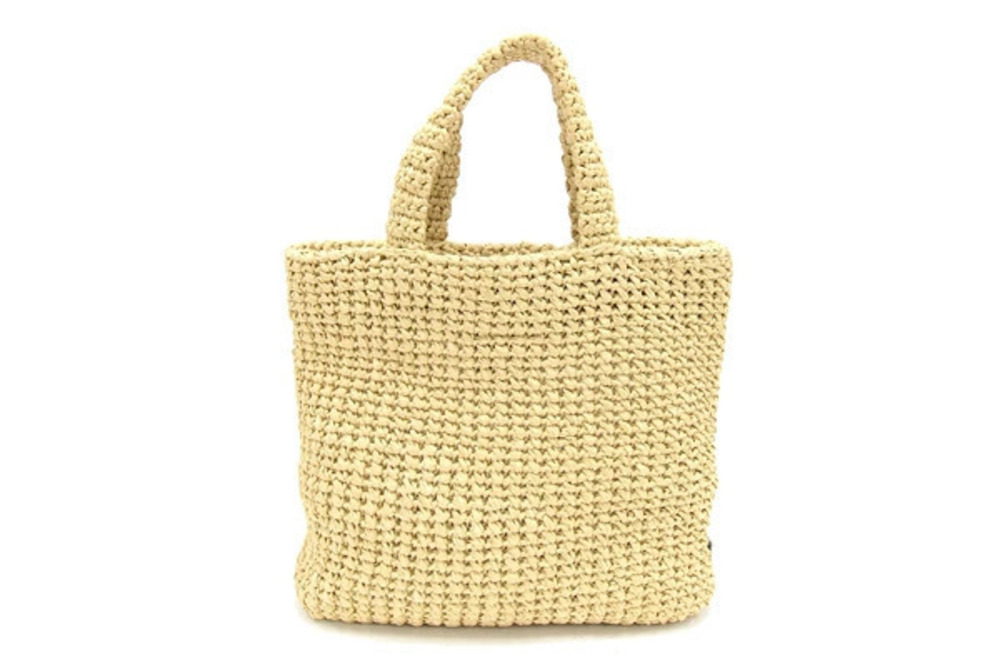 Prada Crochet Tote Triangle Embroidery Raffia Bag Tan